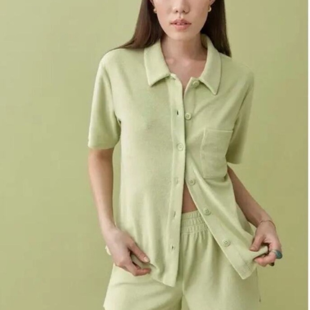 Reformation Fiji Green Button Up Terry Shirt Pocket